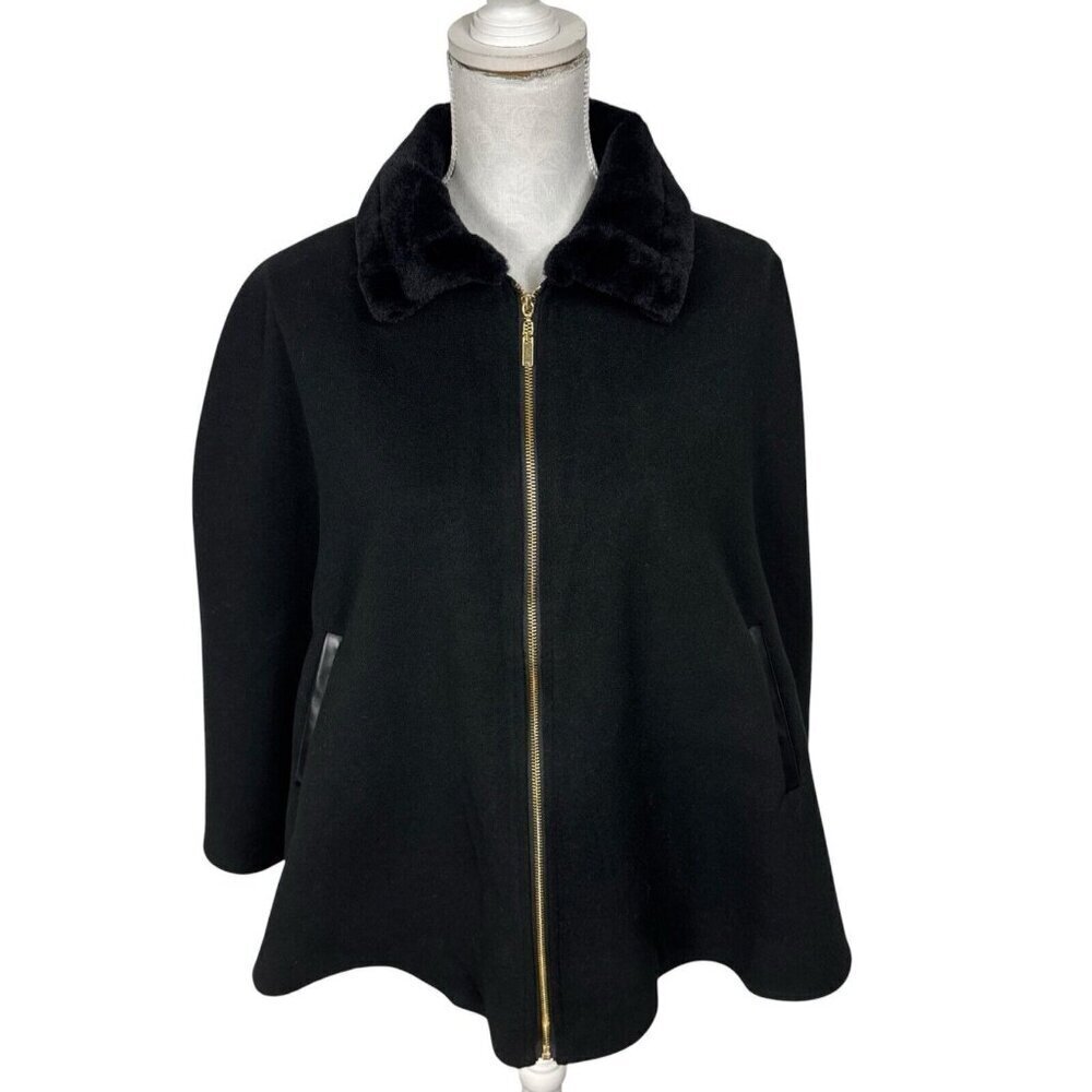 BCBG Women's One Size Faux Fur Collar Felted Full Zip Poncho Black‎ NWT